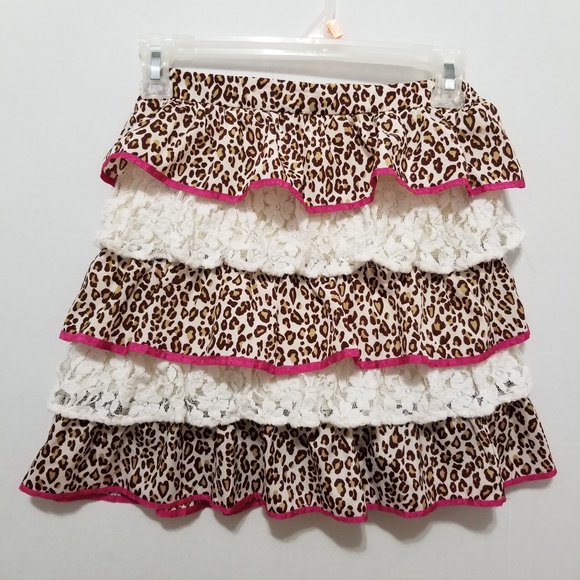 Hartstrings skort 12 leopard cheetah print floral lace tiered ruffle pull on - Picture 1 of 13